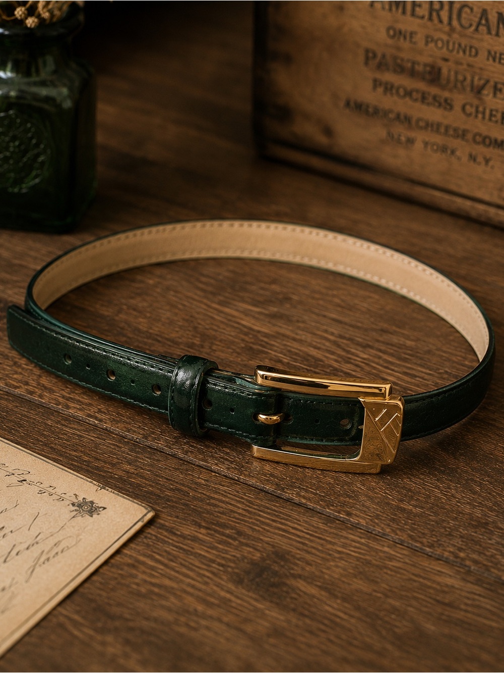Vintage Liz Claiborne Green Croc Leather Slim Belt 3/4" Wide Small Petite 33"